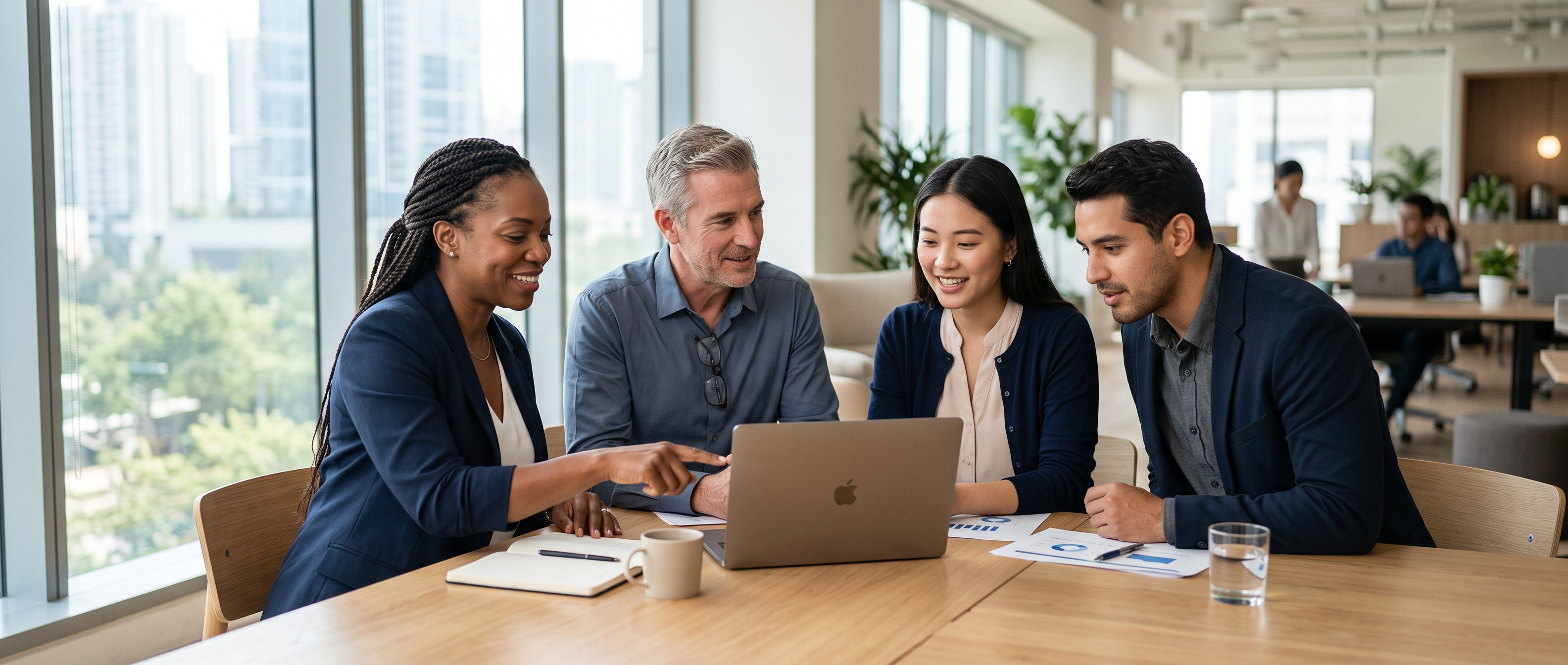 A team collaborating with AI agents in a modern office
